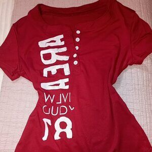 Women's Burgundy Letter Button Half-Placket Short Sleeve Casual